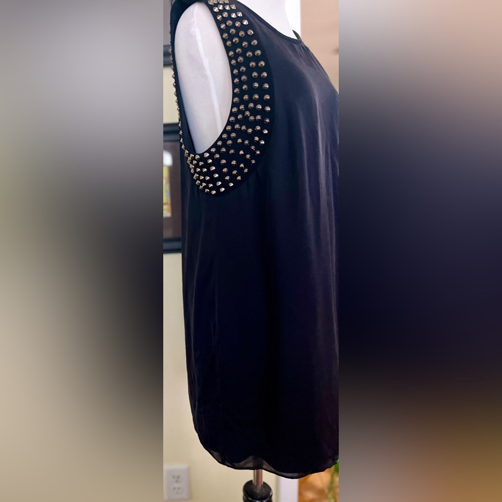 vintage Haute Hippie Dress Black Shift Mini Sleeveless Silver Spike Trim L 2000s - Picture 3 of 11